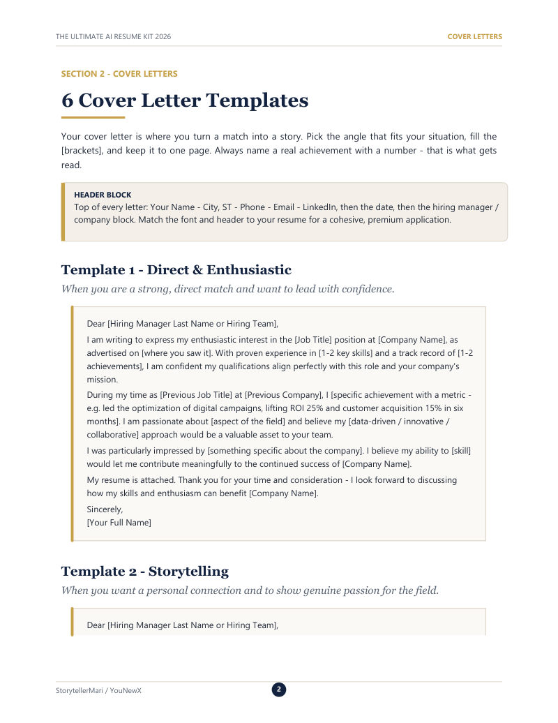 Cover letter template page from the Full Kit