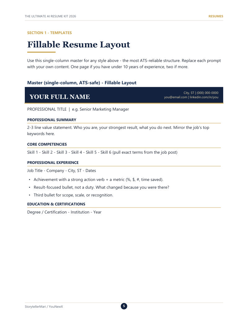 Fillable ATS-safe résumé layout page from the kit
